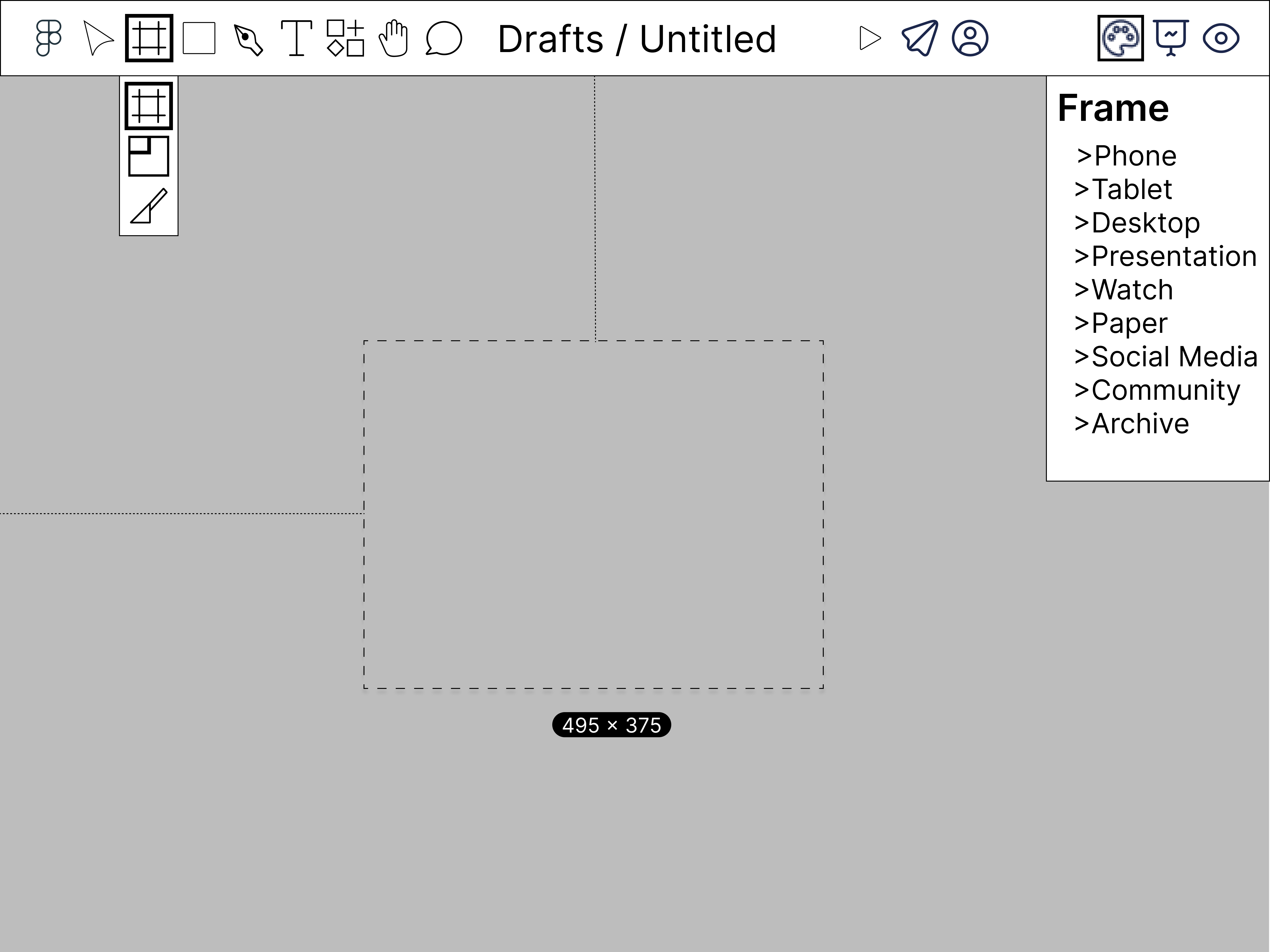lofi prototype depicting frame being drawn and templates on the right sidebar